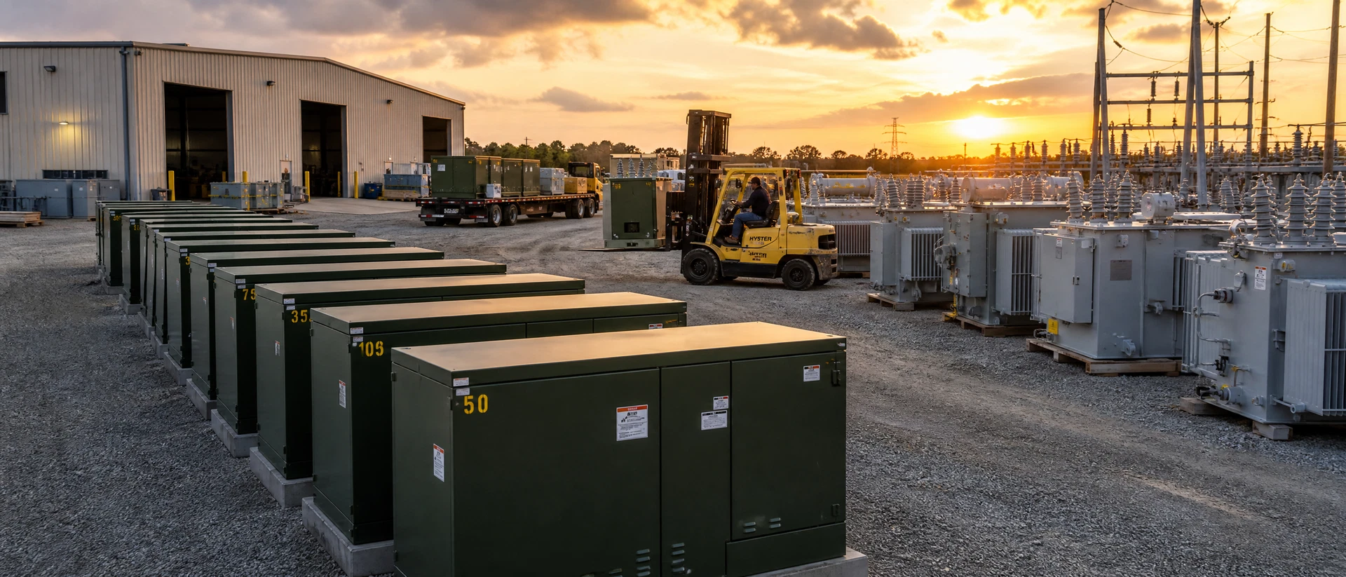 Industrial electrical equipment yard with transformers and switchgear